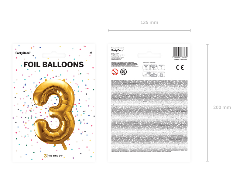 Balon foliowy Cyfra ''3'', 86cm, złoty - 1szt. - obrazek nr. 6