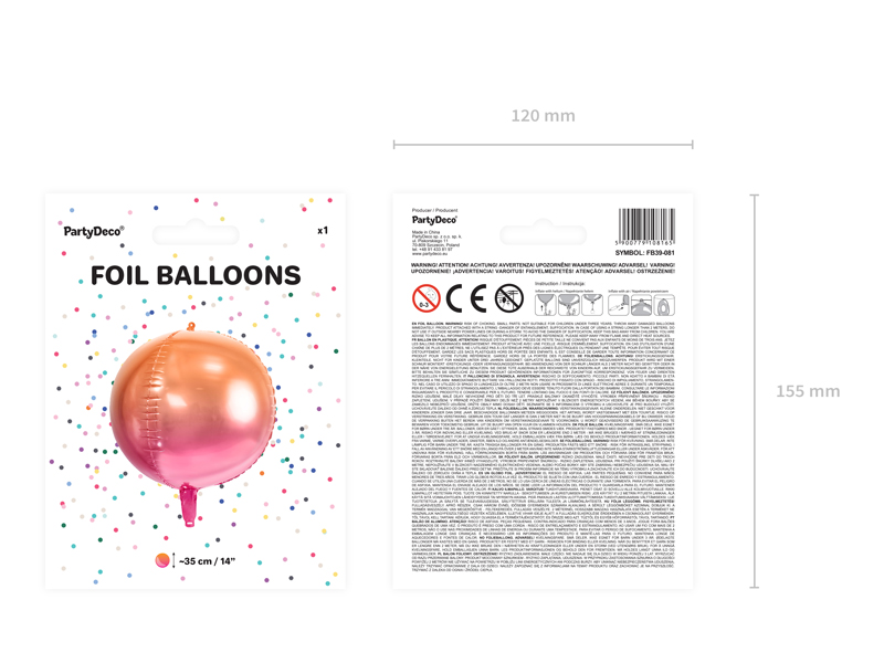 Balon foliowy Kula ombre, różowo-pomarańczowy, 35cm - 1szt. - obrazek nr. 7
