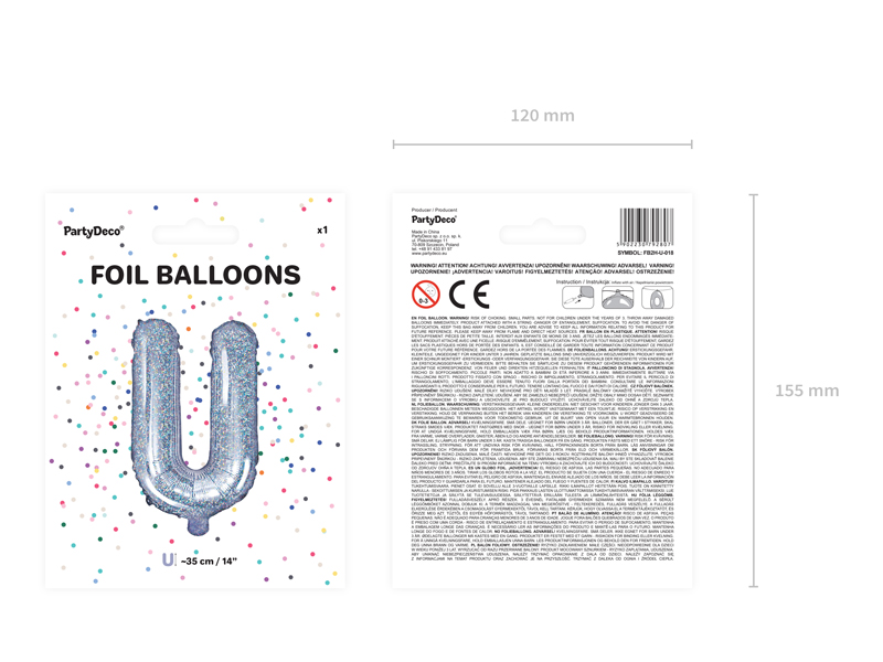 Balon foliowy Litera ''U'', 35cm, holograficzny - 1szt. - obrazek nr. 6