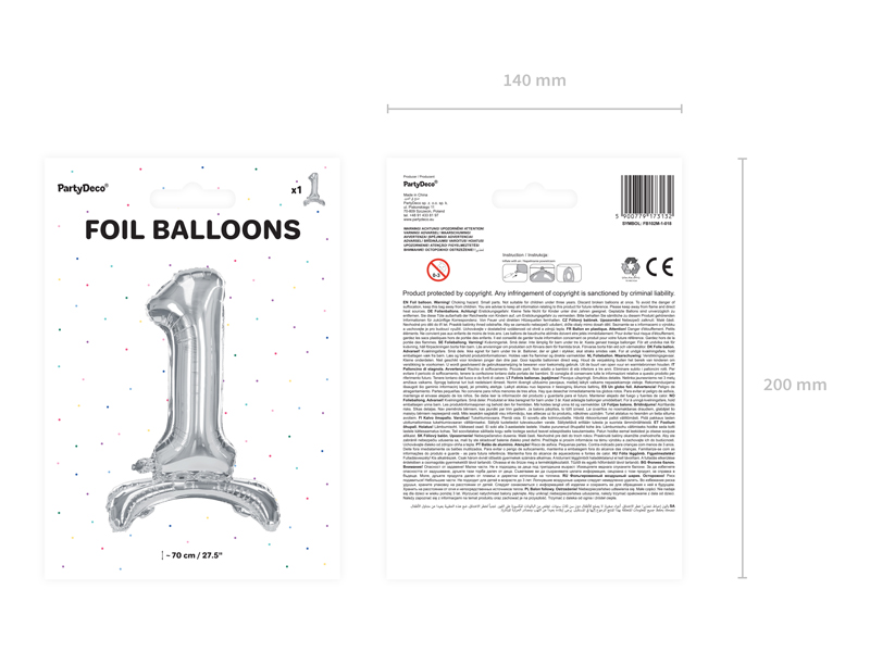 Stojący balon foliowy Cyfra ''1'', 70cm, srebrny - 1szt. - obrazek nr. 7