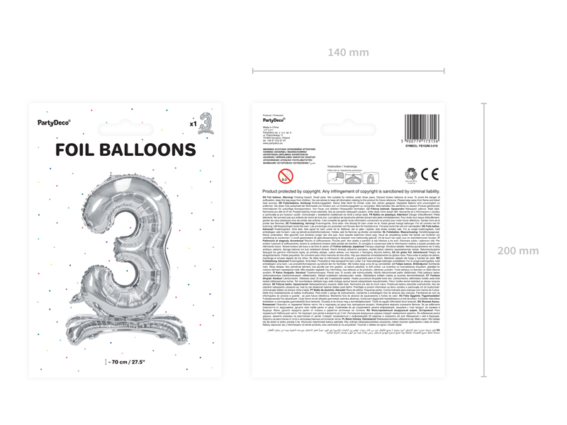 Stojący balon foliowy Cyfra ''3'', 70cm, srebrny - 1szt. - obrazek nr. 6
