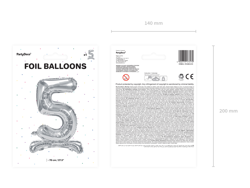 Stojący balon foliowy Cyfra ''5'', 70cm, srebrny - 1szt. - obrazek nr. 6