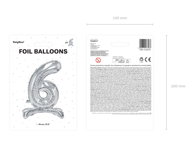 Stojący balon foliowy Cyfra ''6'', 70cm, srebrny - 1szt. - obrazek nr. 6